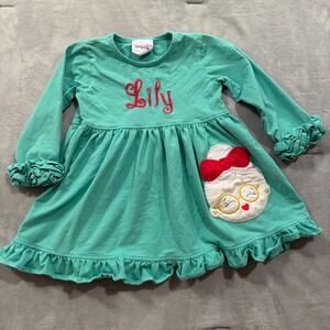 Boutique Lily Monogram Teal Green Mrs Claus Ruffle Dress 2T Long Sleeve Cotton